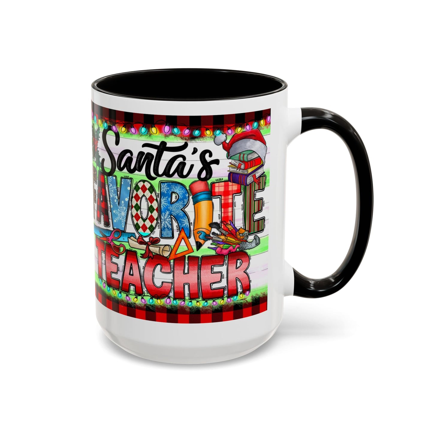 Santa's favorite teacher mug, perfect holiday gift for educators with festive design and vibrant colors.