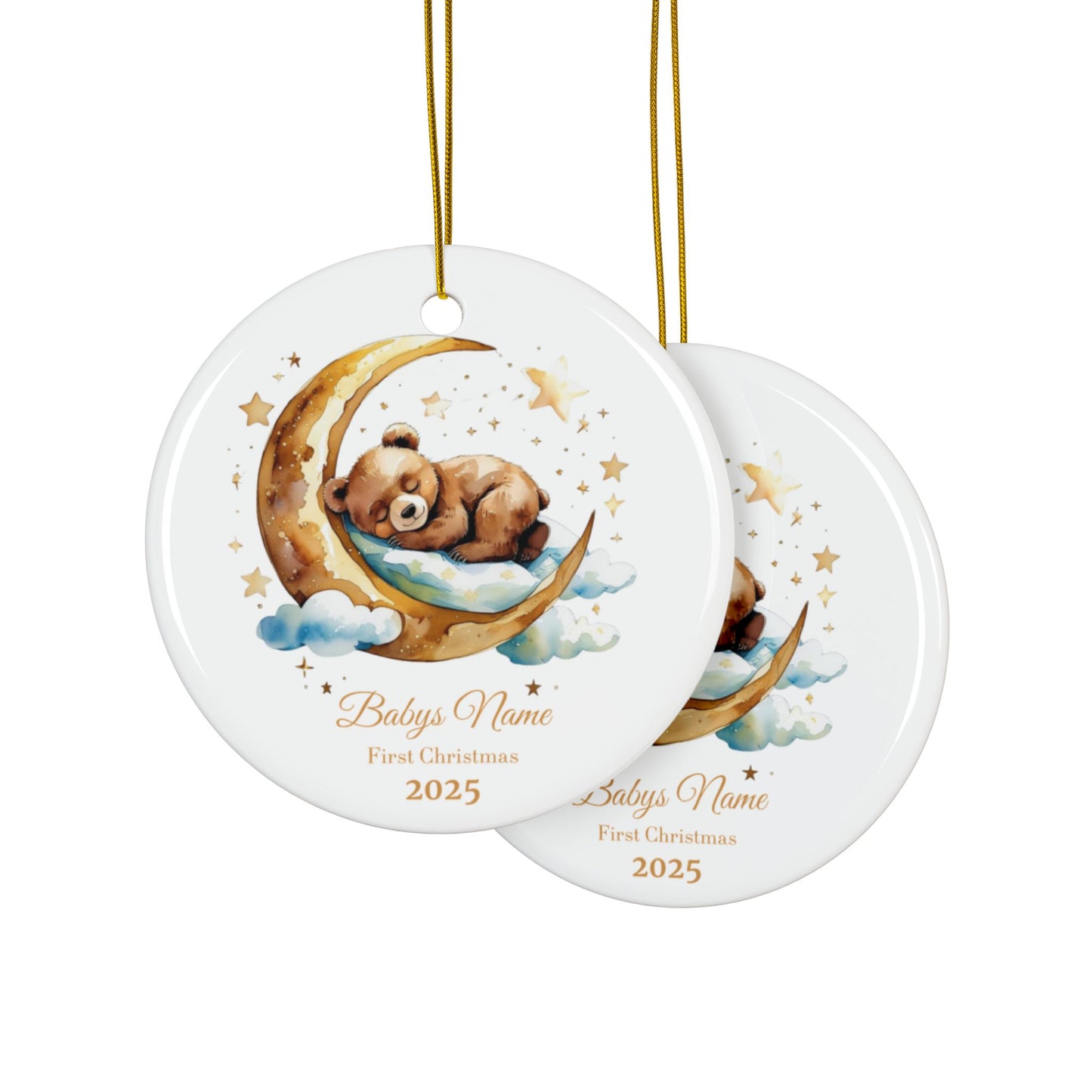 Custom Baby’s First Christmas Ornament 2025 – Personalized Sleeping Bear on Moon Keepsake – Baby Name Ornament, New Parent Gift