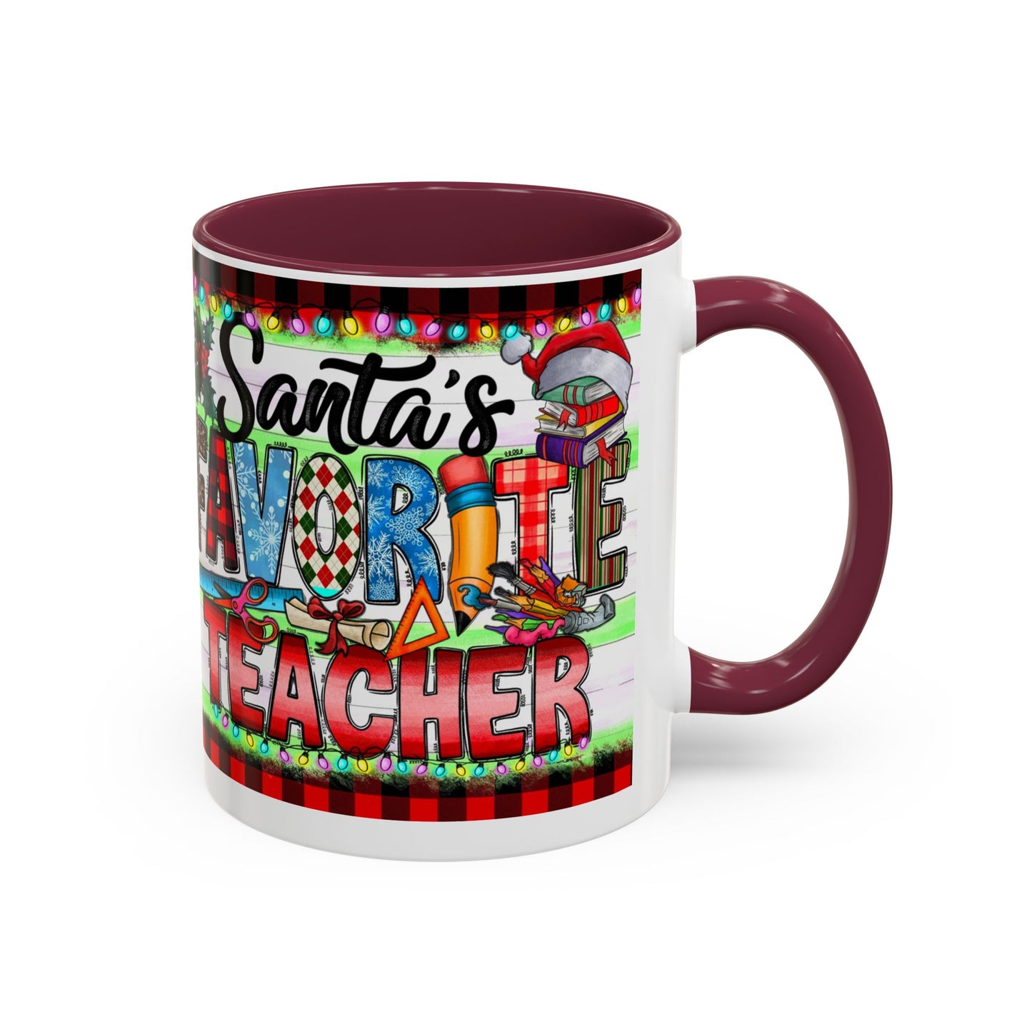 Santa's favorite teacher mug, perfect holiday gift for educators with festive design and vibrant colors.