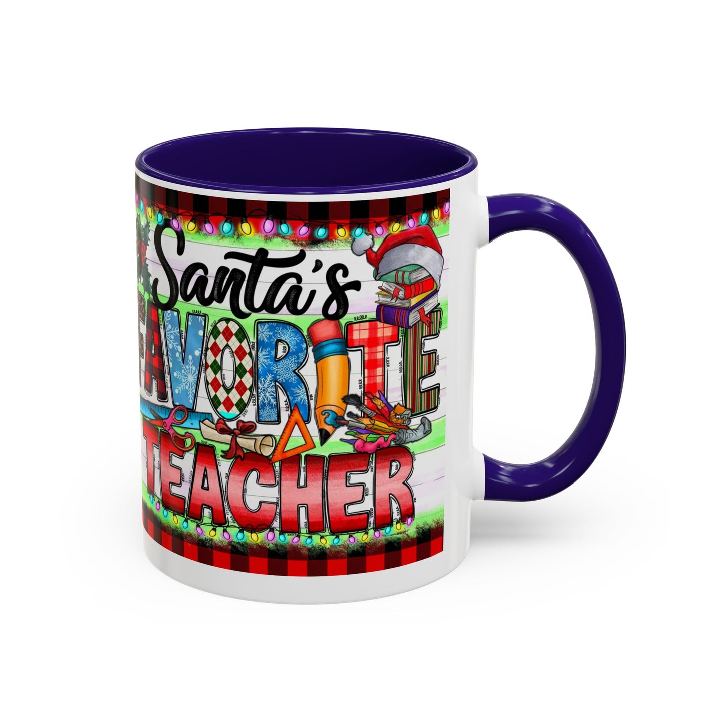 Santa's favorite teacher mug, perfect holiday gift for educators with festive design and vibrant colors.