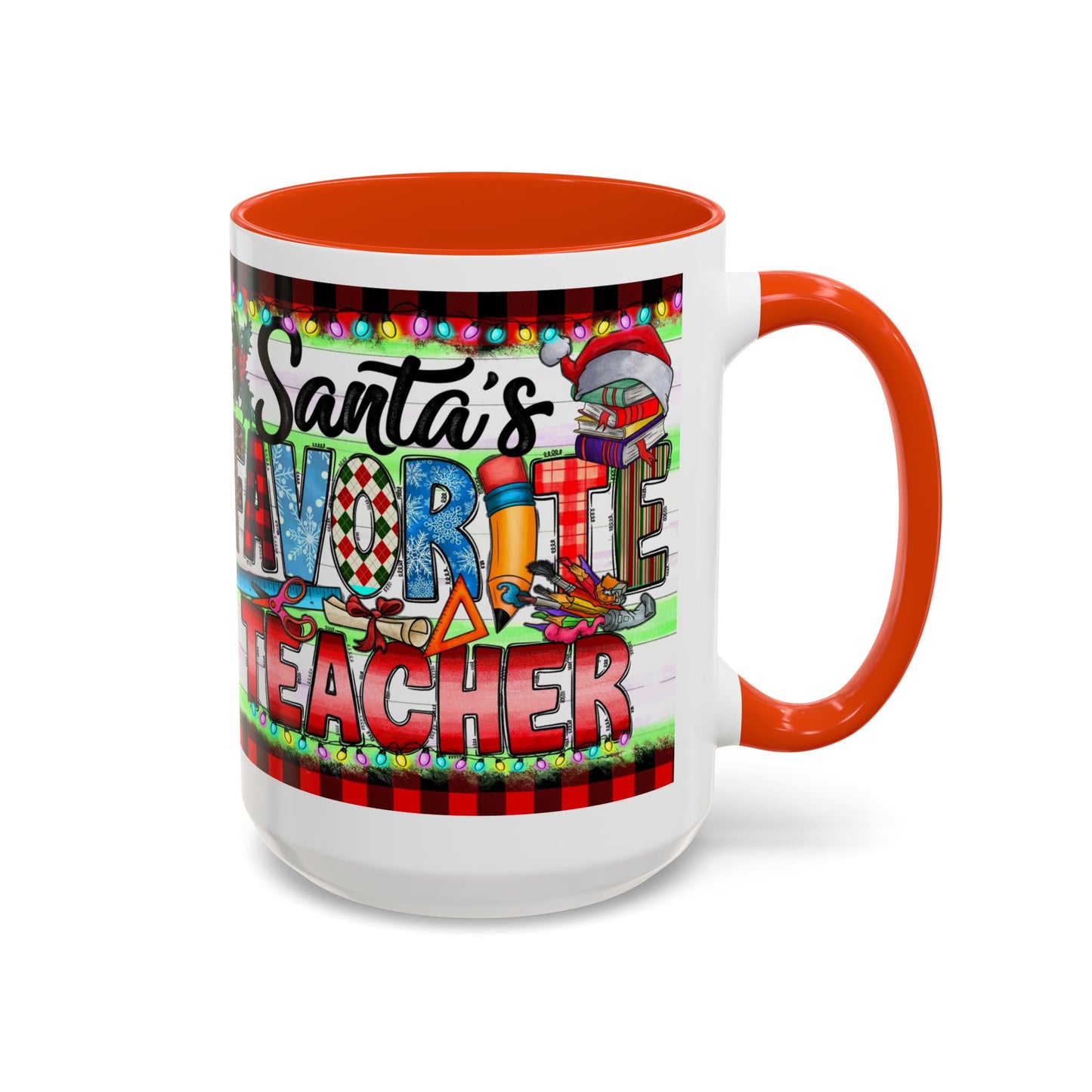 Santa's favorite teacher mug, perfect holiday gift for educators with festive design and vibrant colors.