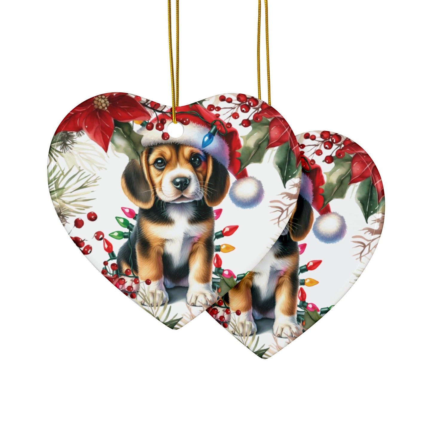 Heart-shaped holiday ornaments featuring a cute Beagle puppy in a festive Santa hat, surrounded by Christmas decorations.