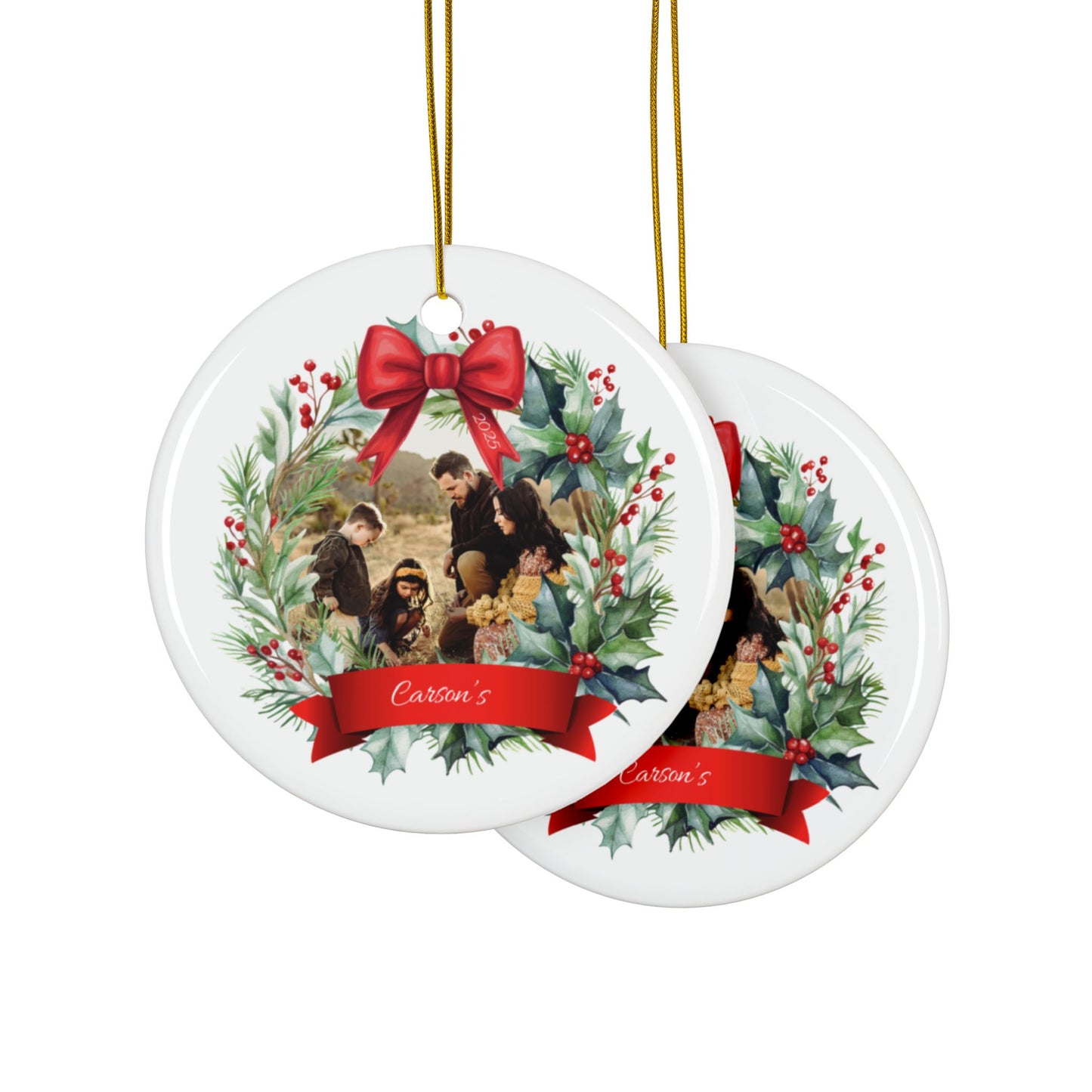 Personalized Family Photo Christmas Ornament 2025 Holiday Wreath Keepsake Custom Name Decoration with Red Bow