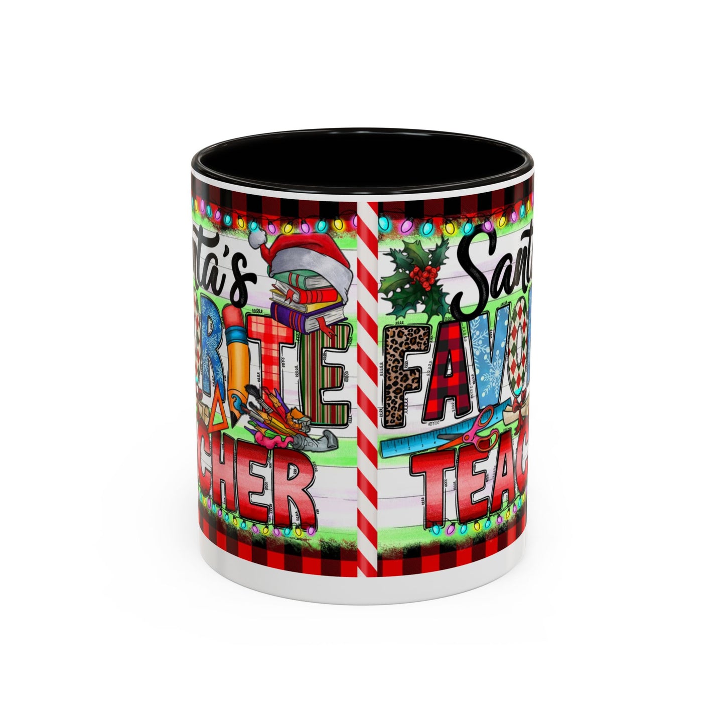 Santa's favorite teacher mug, perfect holiday gift for educators with festive design and vibrant colors.