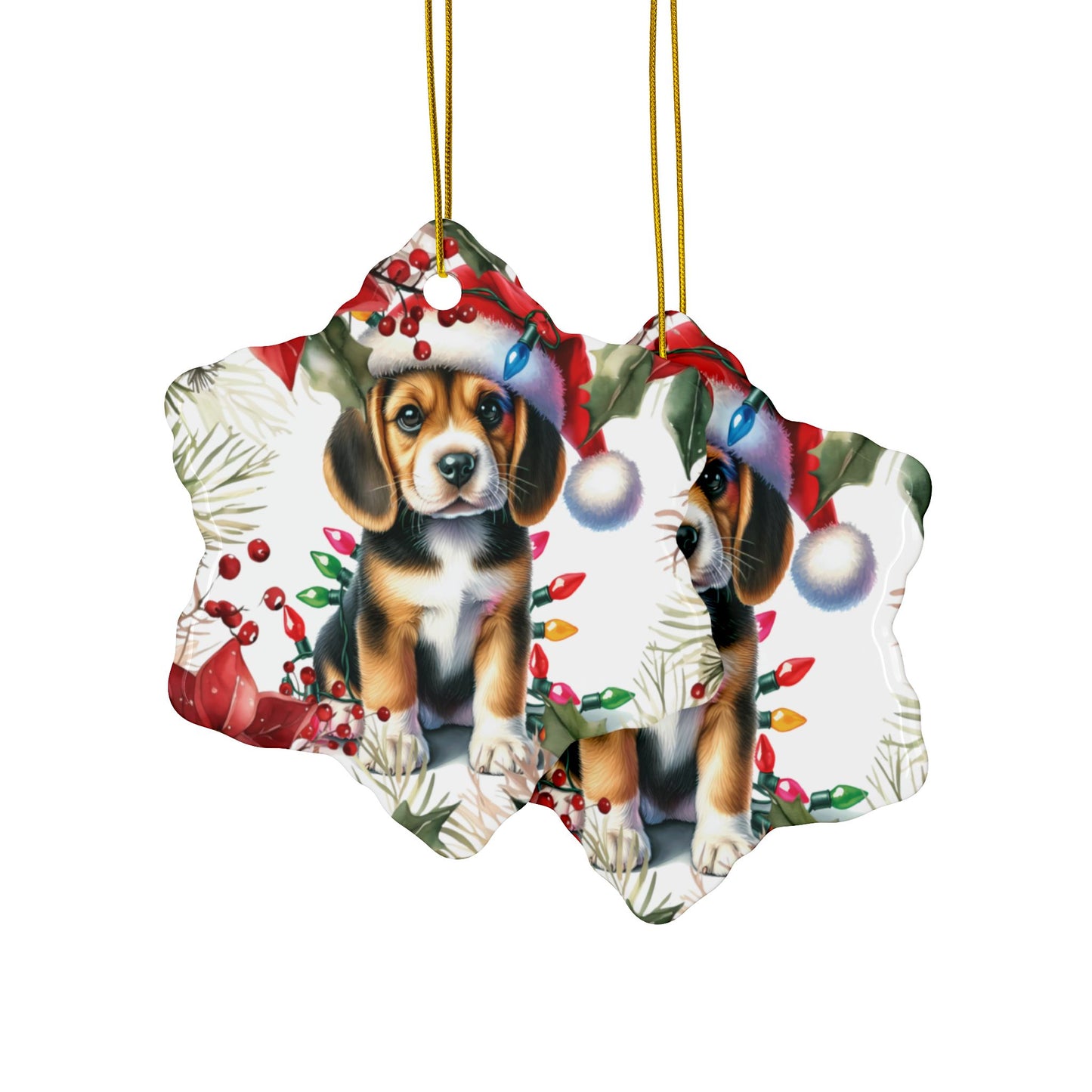 Beagle puppy holiday ornament featuring a festive design with Christmas lights and decorations.