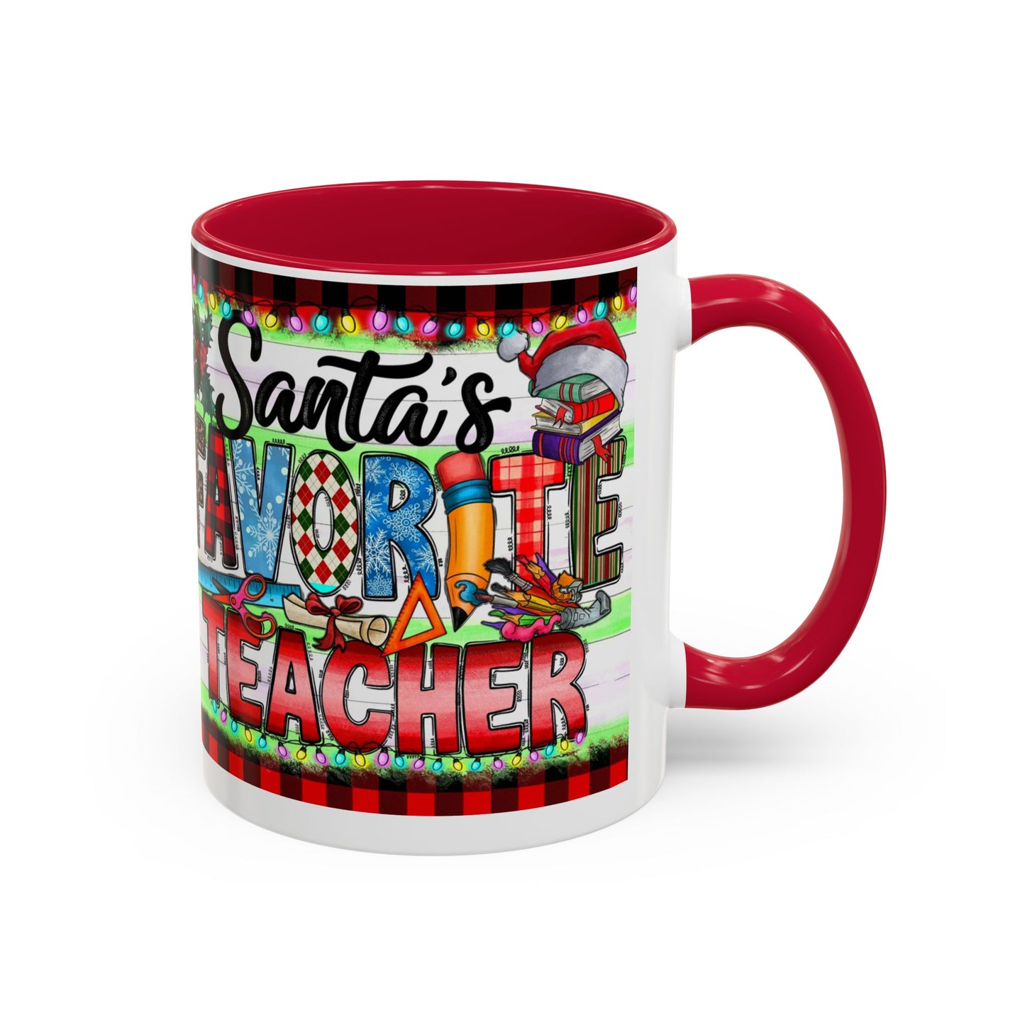 Santa's favorite teacher mug, perfect holiday gift for educators with festive design and vibrant colors.