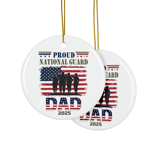 Military dad holiday ornament celebrating Proud National Guard with American flag design.