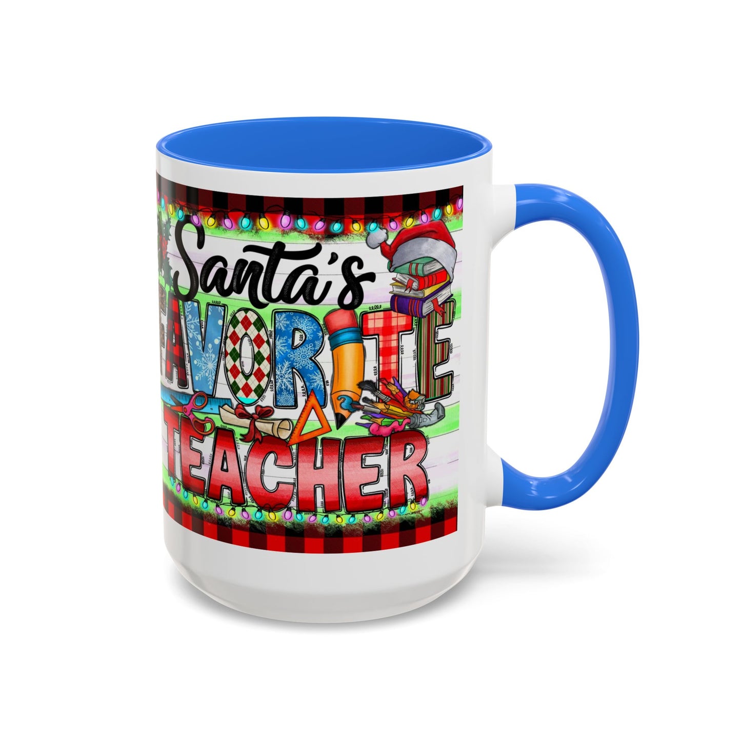 Santa's favorite teacher mug, perfect holiday gift for educators with festive design and vibrant colors.