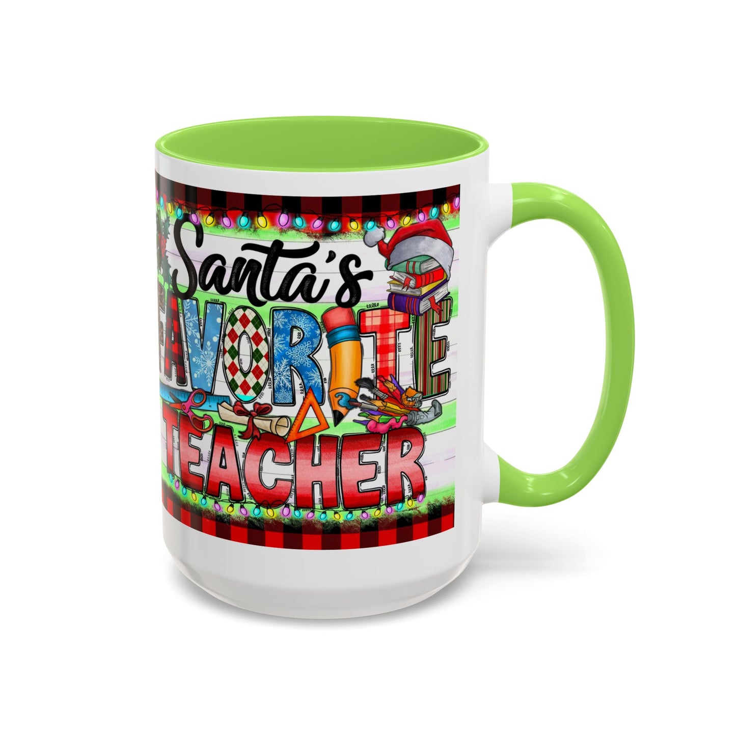 Santa's favorite teacher mug, perfect holiday gift for educators with festive design and vibrant colors.