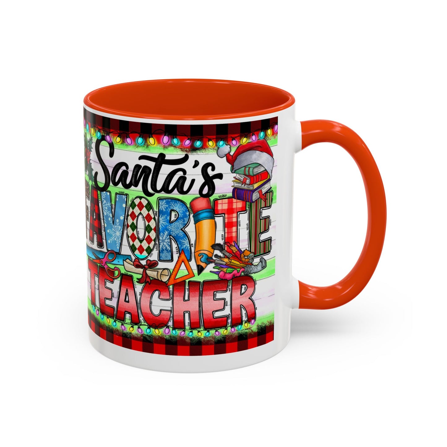 Santa's favorite teacher mug, perfect holiday gift for educators with festive design and vibrant colors.