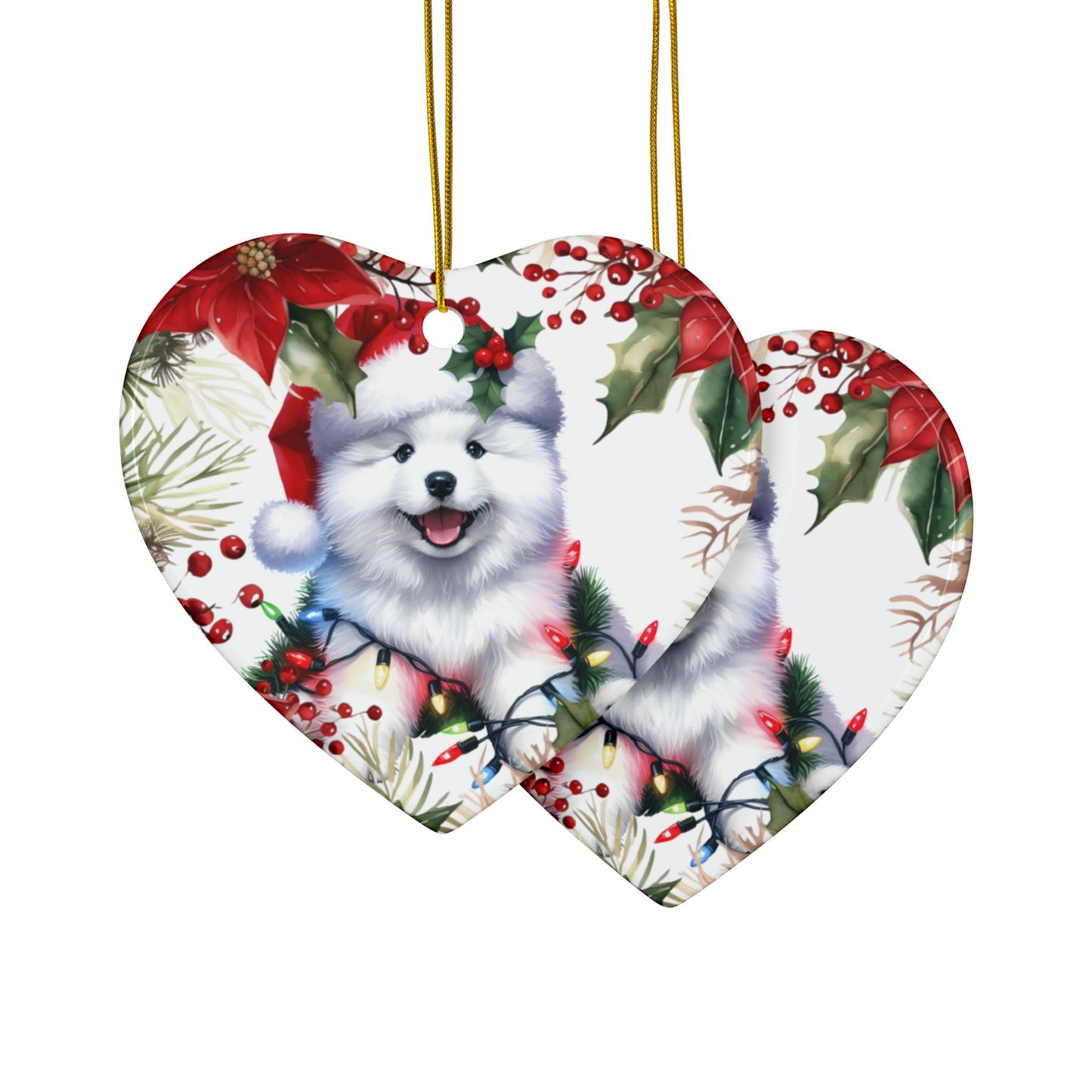 Heart-shaped holiday ornaments featuring a smiling American Eskimo puppy with a Santa hat, decorated with festive flowers and lights.