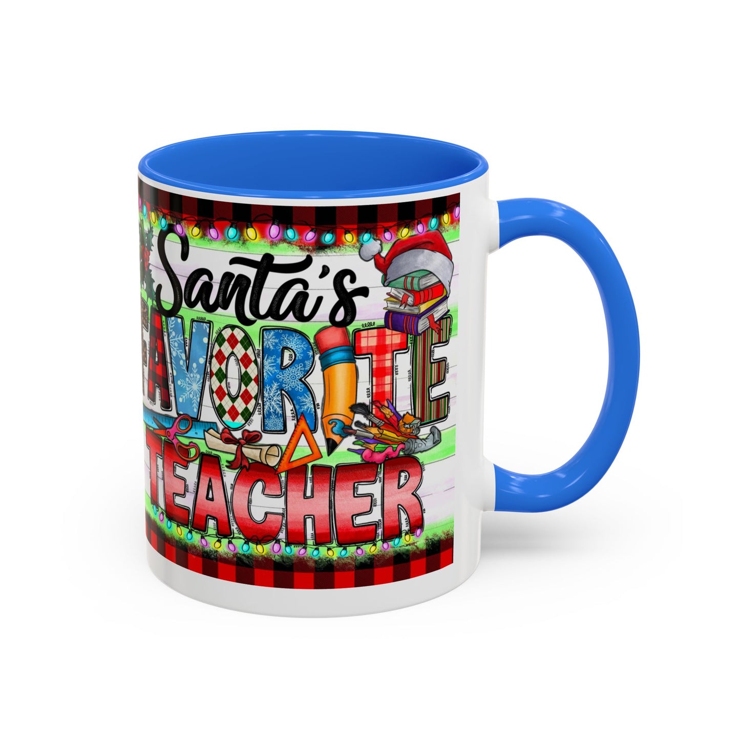 Santa's favorite teacher mug, perfect holiday gift for educators with festive design and vibrant colors.