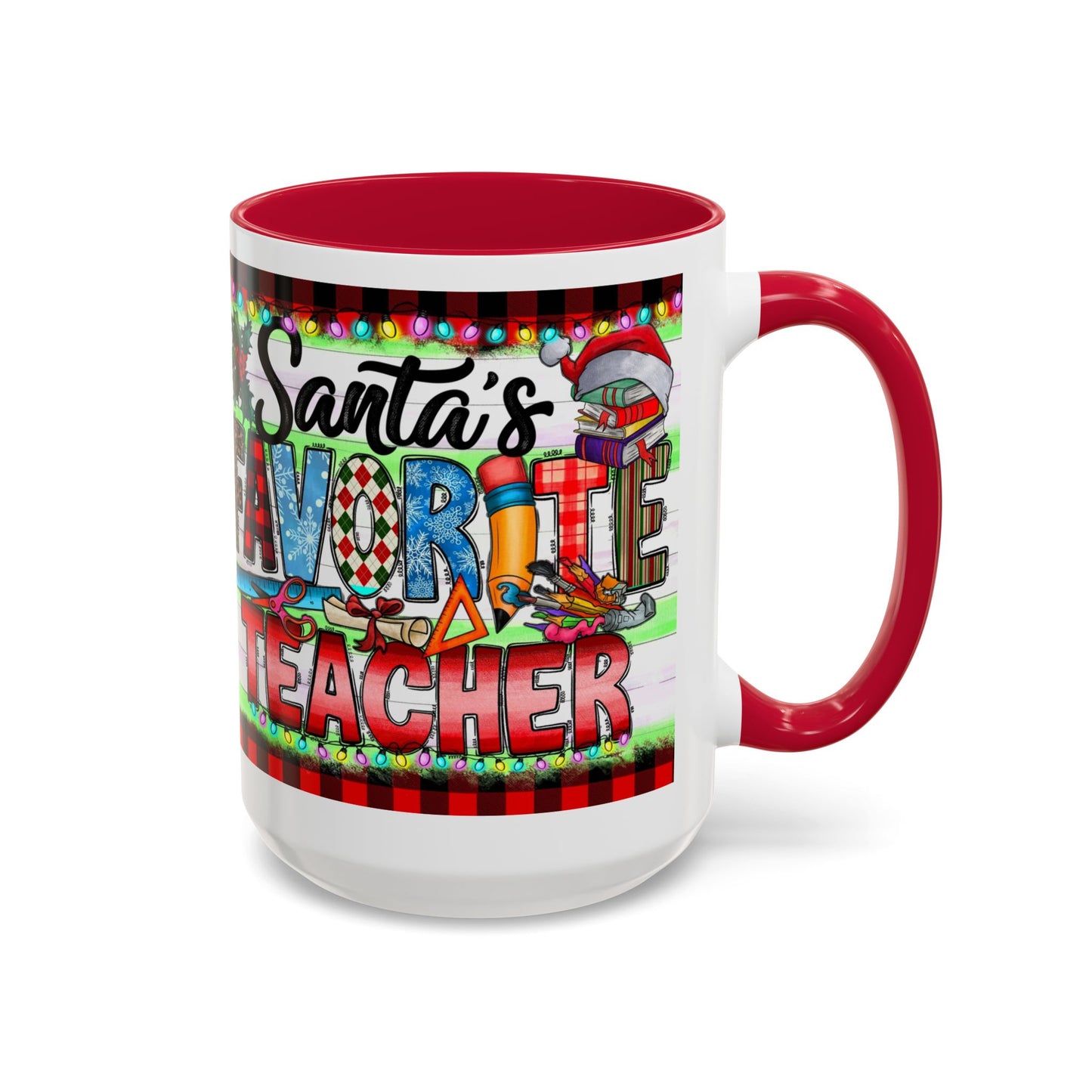 Santa's favorite teacher mug, perfect holiday gift for educators with festive design and vibrant colors.