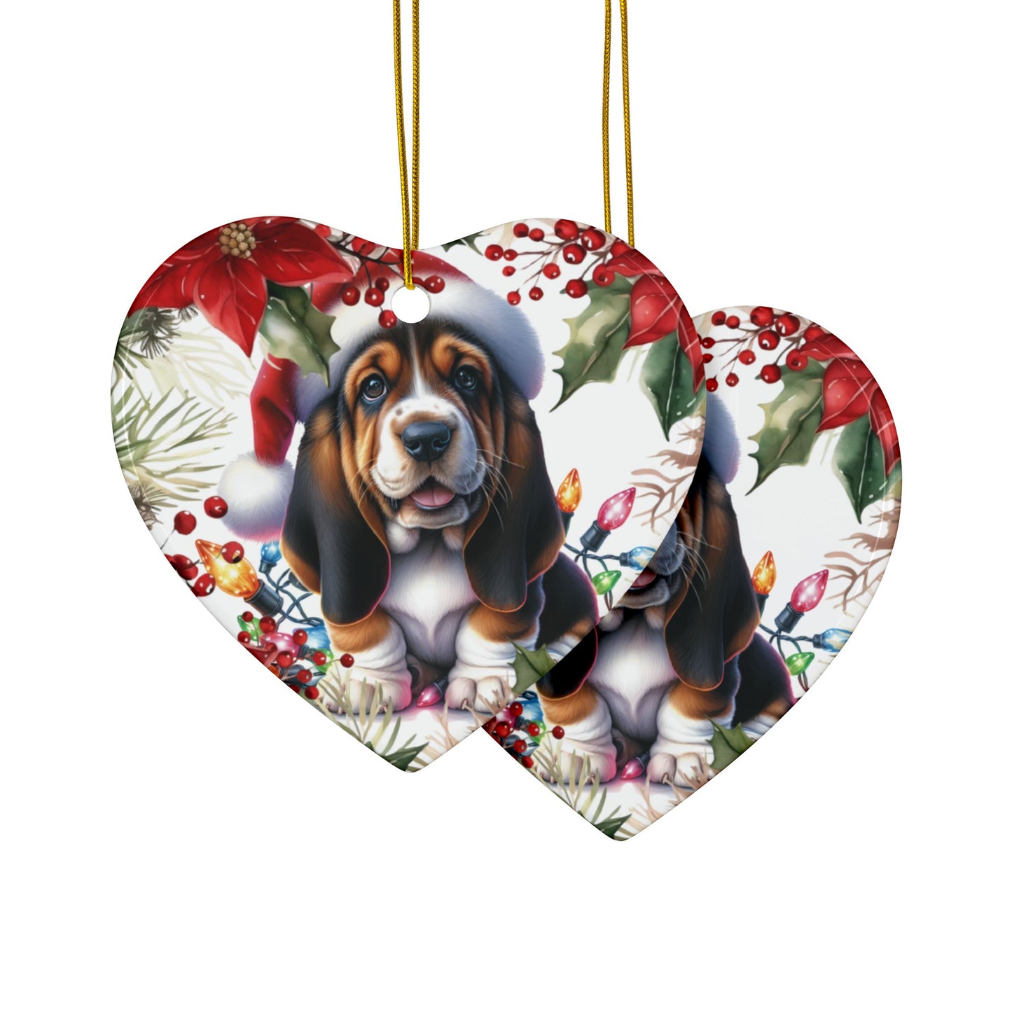 Heart-shaped holiday ornaments featuring a cheerful Basset Hound wearing a Santa hat and surrounded by festive decorations.