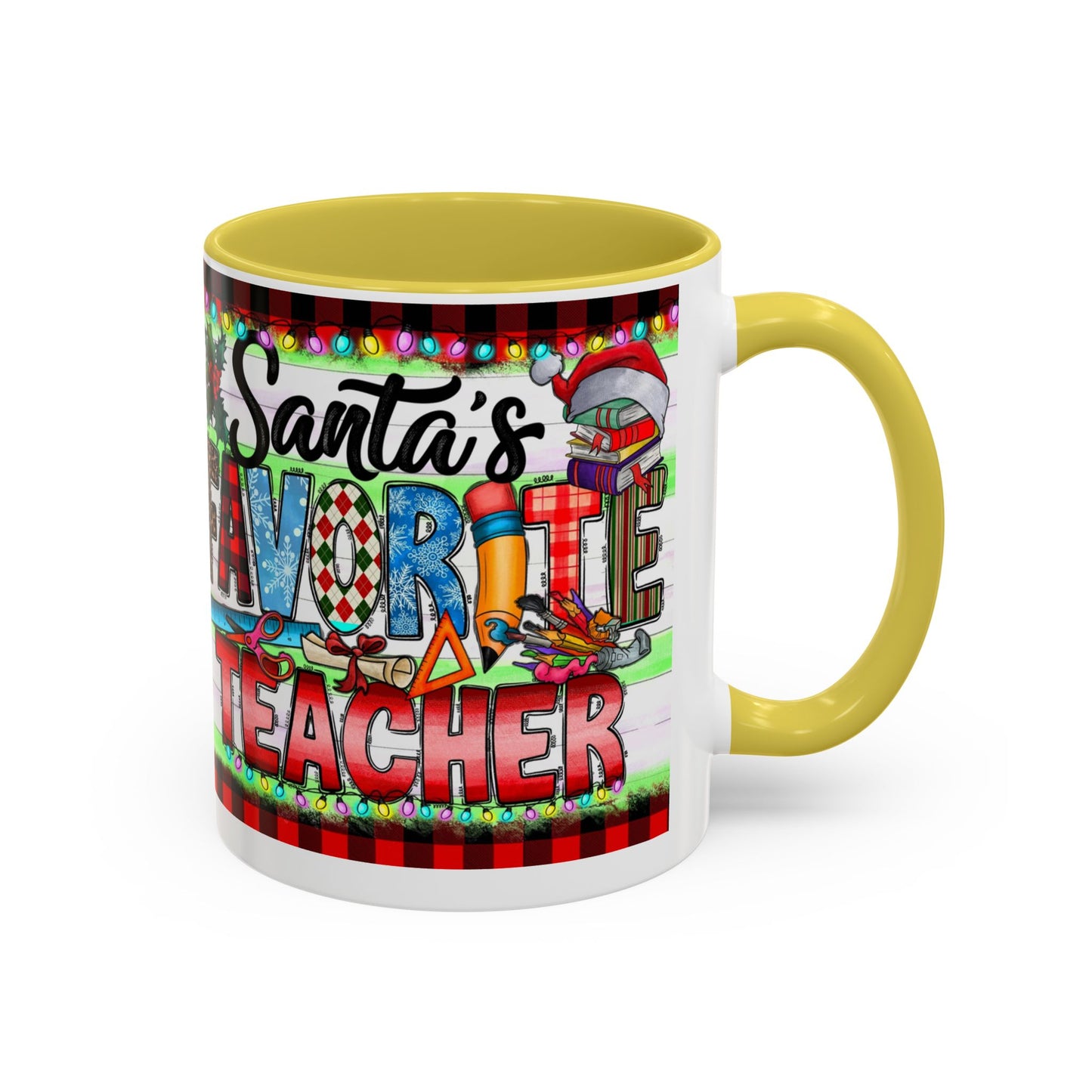 Santa's favorite teacher mug, perfect holiday gift for educators with festive design and vibrant colors.
