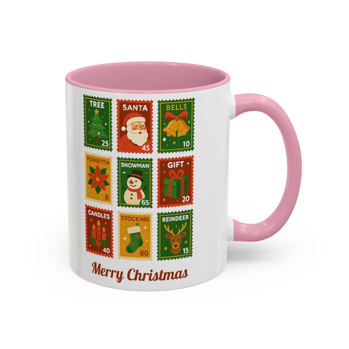 Colorful Holiday Stamp Mug, Festive Mug, Hot Cocoa Mug, Gift for Her, Secret Santa Gift, Stamp Collector, Christmas Mug