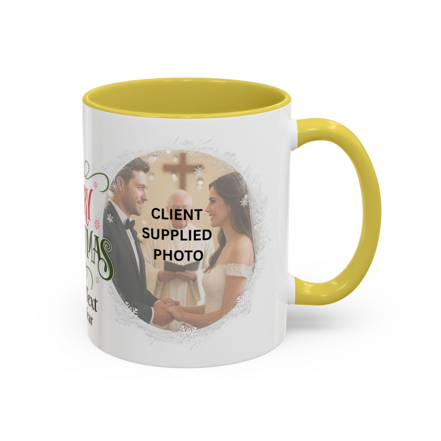 Yellow-handled photo mug featuring a wedding ceremony photo, perfect for commemorating first year marriages.