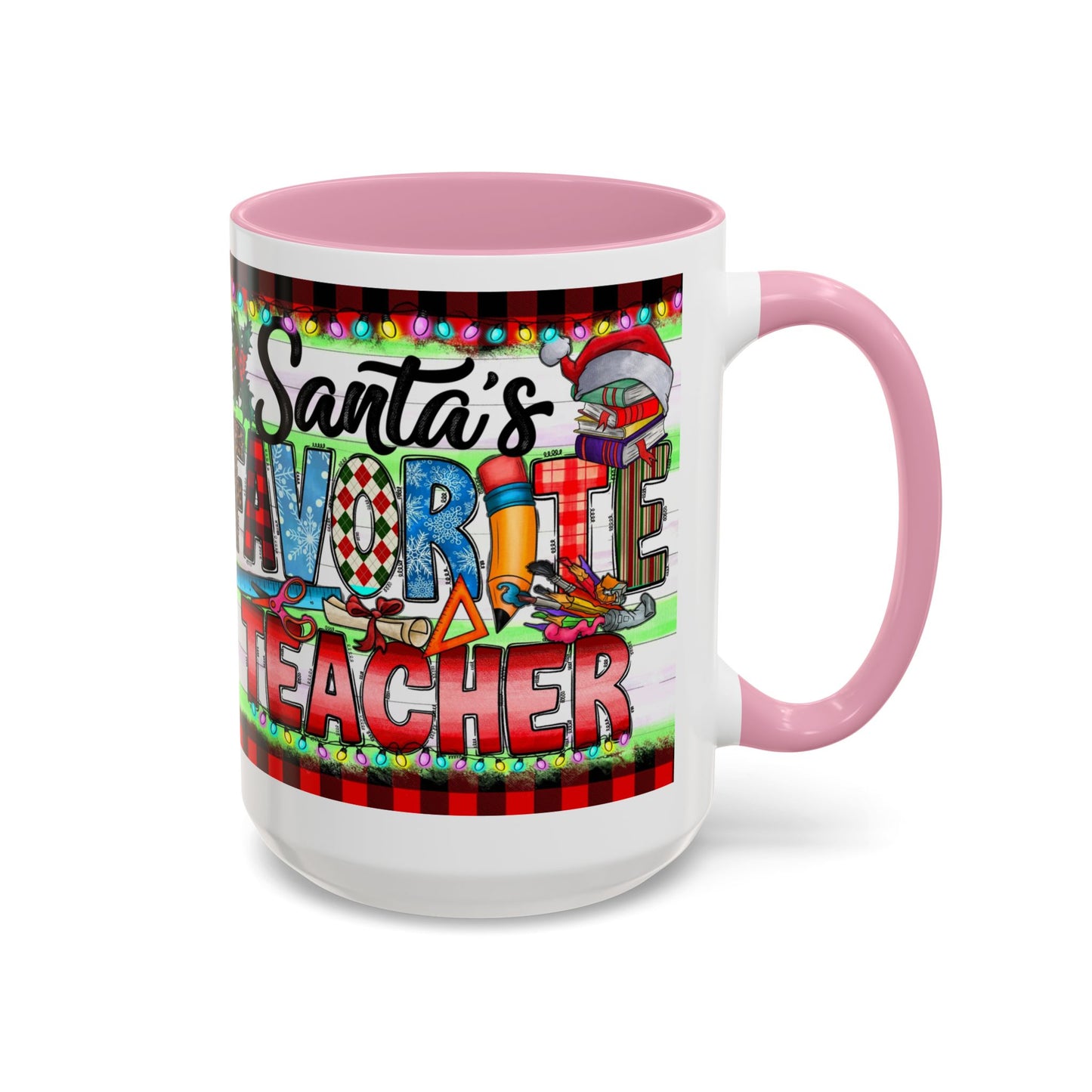Santa's favorite teacher mug, perfect holiday gift for educators with festive design and vibrant colors.