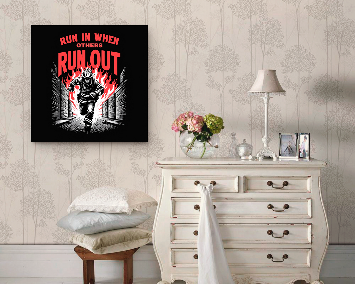 Home Decor Furnishings Firefighter, Top Selling Wall Art "Run In When Others Run Out", Furniture and Decor for Living Room, Firefighter Gift
