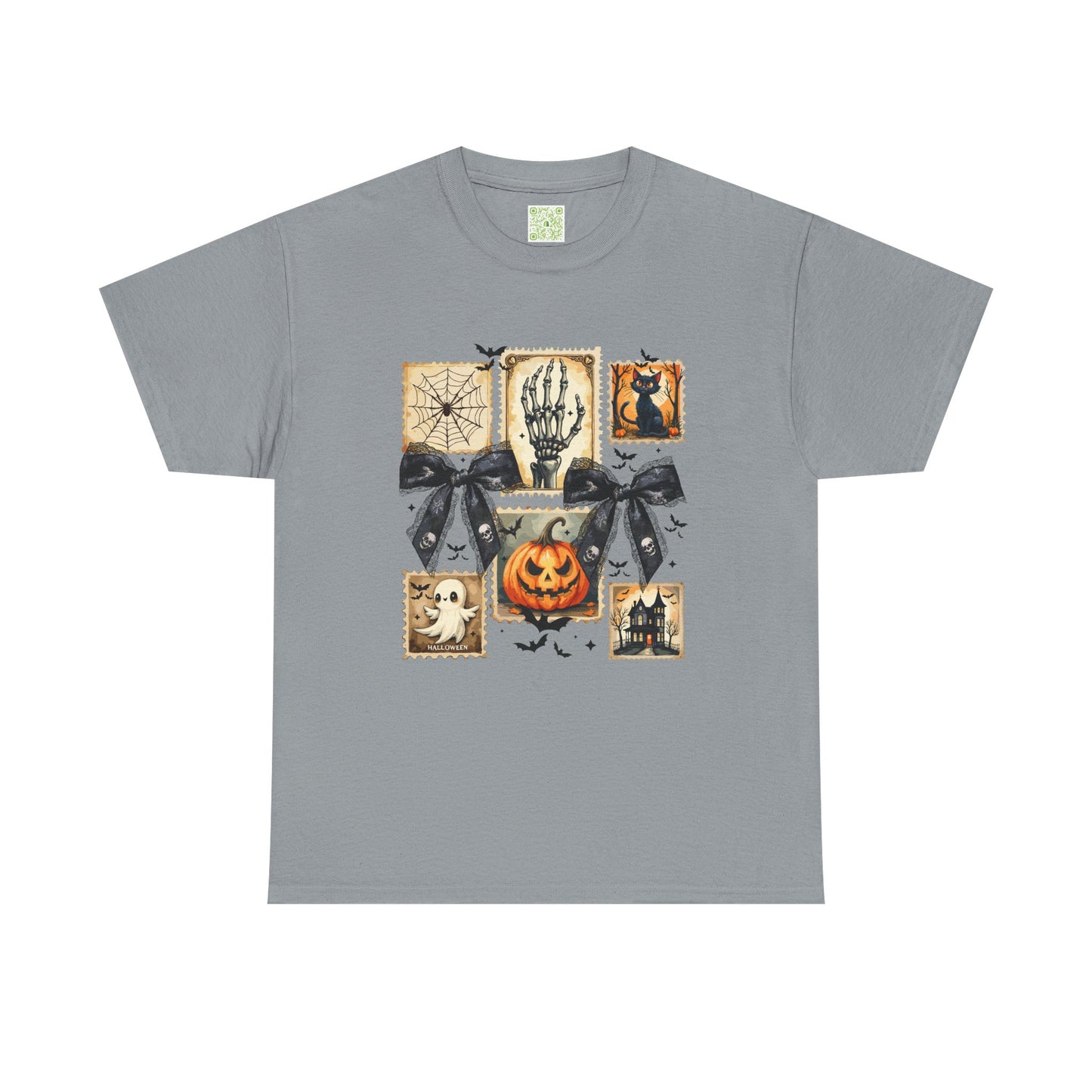 Halloween themed shirt with pumpkin, ghosts, and spooky designs on a gray t-shirt.