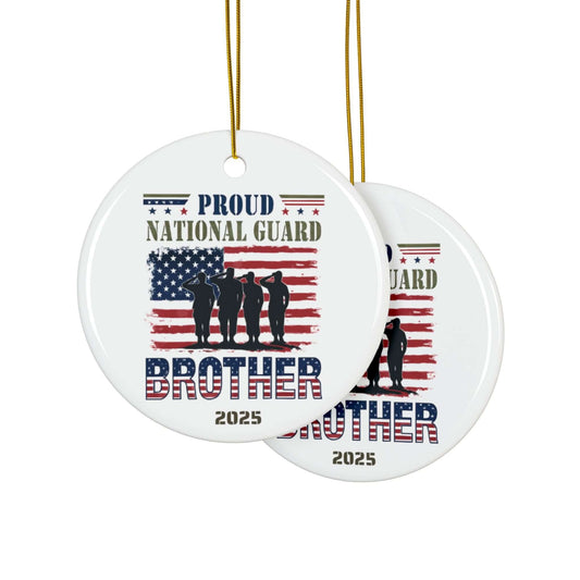 Proud National Guard Brother holiday ornament featuring saluting soldiers and American flag design.