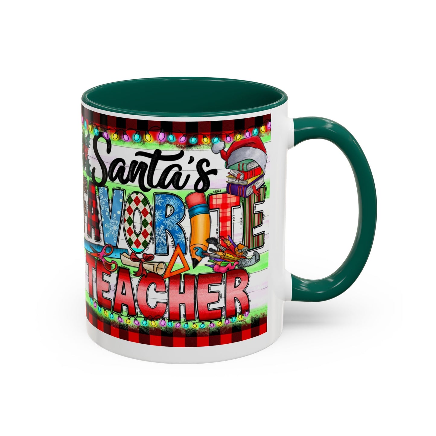 Santa's favorite teacher mug, perfect holiday gift for educators with festive design and vibrant colors.