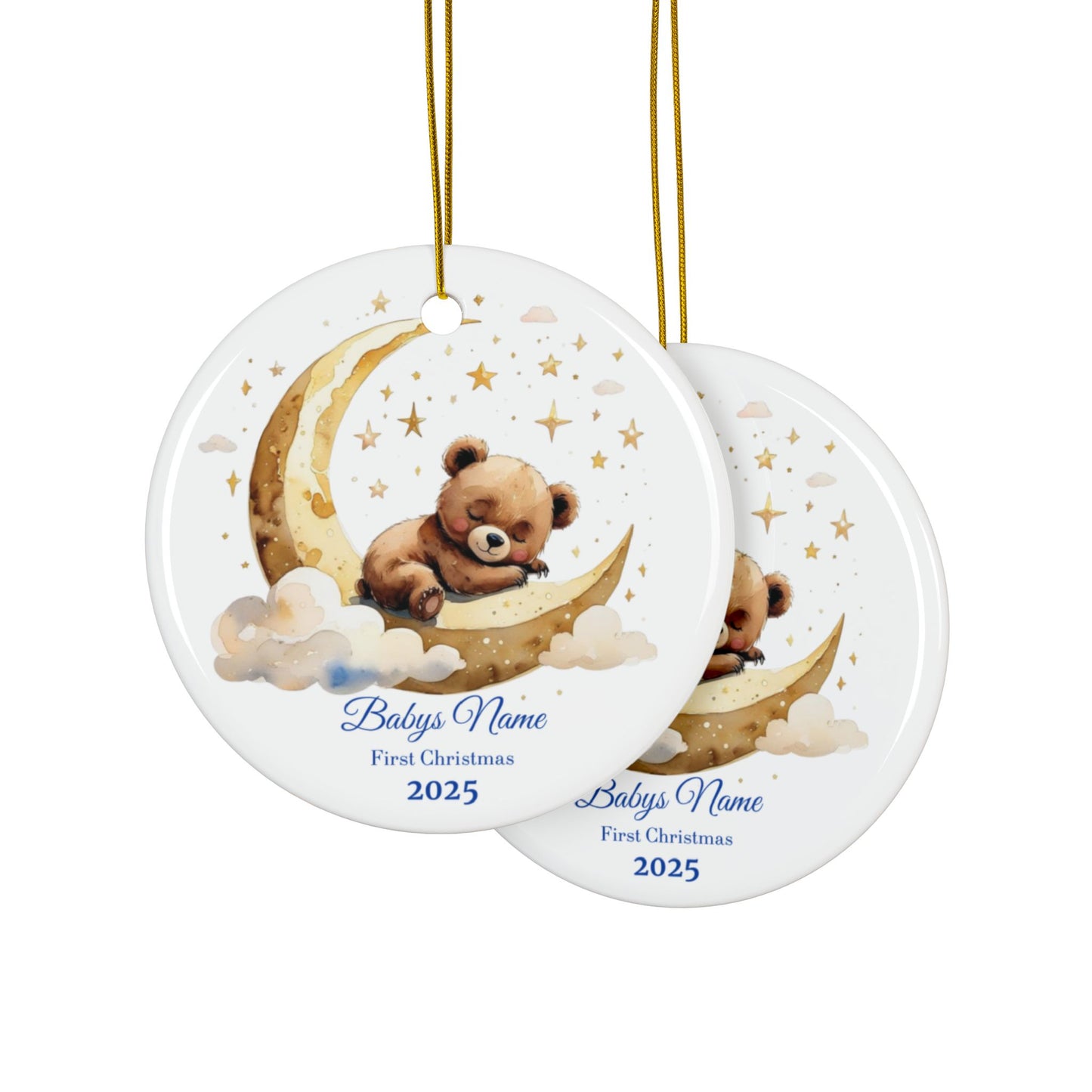 Custom Baby’s First Christmas Ornament 2025 – Personalized Sleeping Bear on Moon Keepsake – Baby Name Ornament, New Parent Gift