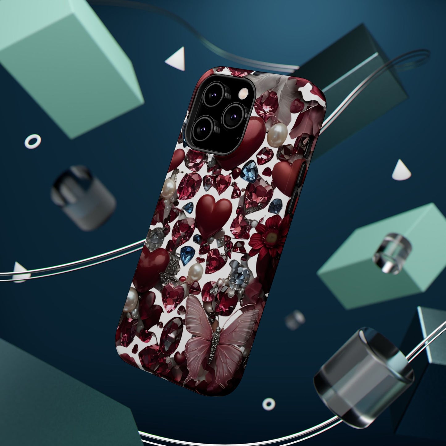 Romantic Floral Hearts Magnetic Tough iPhone Case - Durable Phone Case for Gifts, Valentine's Day, Birthday, Anniversary, Cute Accessories