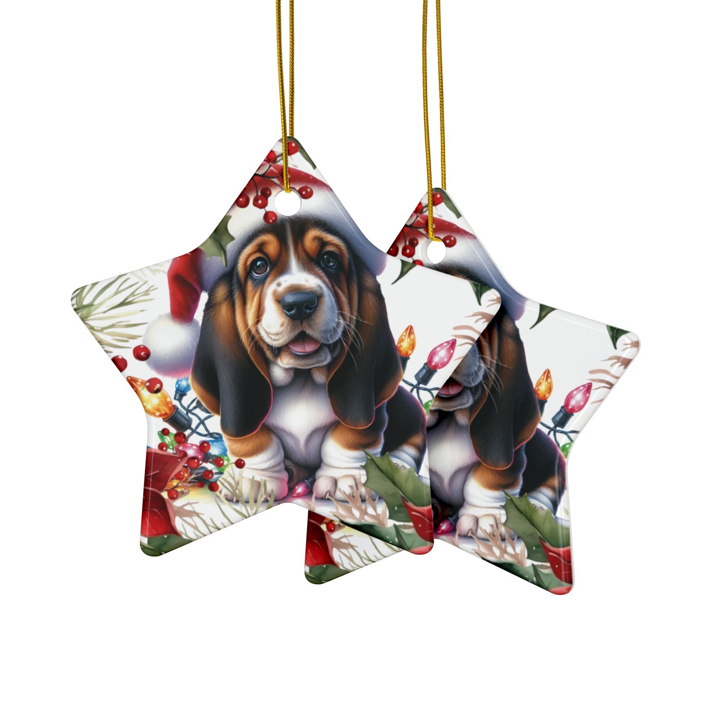 Basset Hound holiday ornaments featuring a cute puppy surrounded by festive decorations.