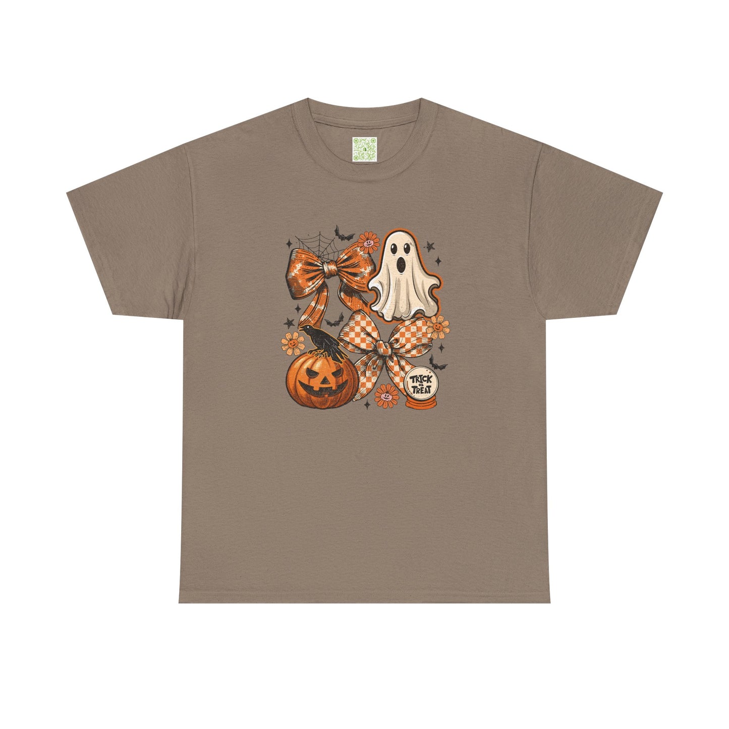Vintage Coquette Halloween Tee featuring a pumpkin, ghost, and festive bow design on a brown shirt.