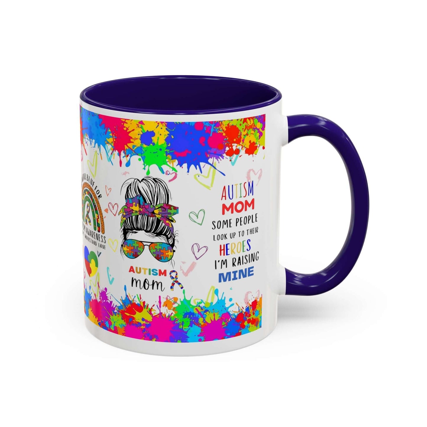 Colorful Autism Mom mug featuring neurodiversity designs and heartwarming phrases for proud autism mothers.