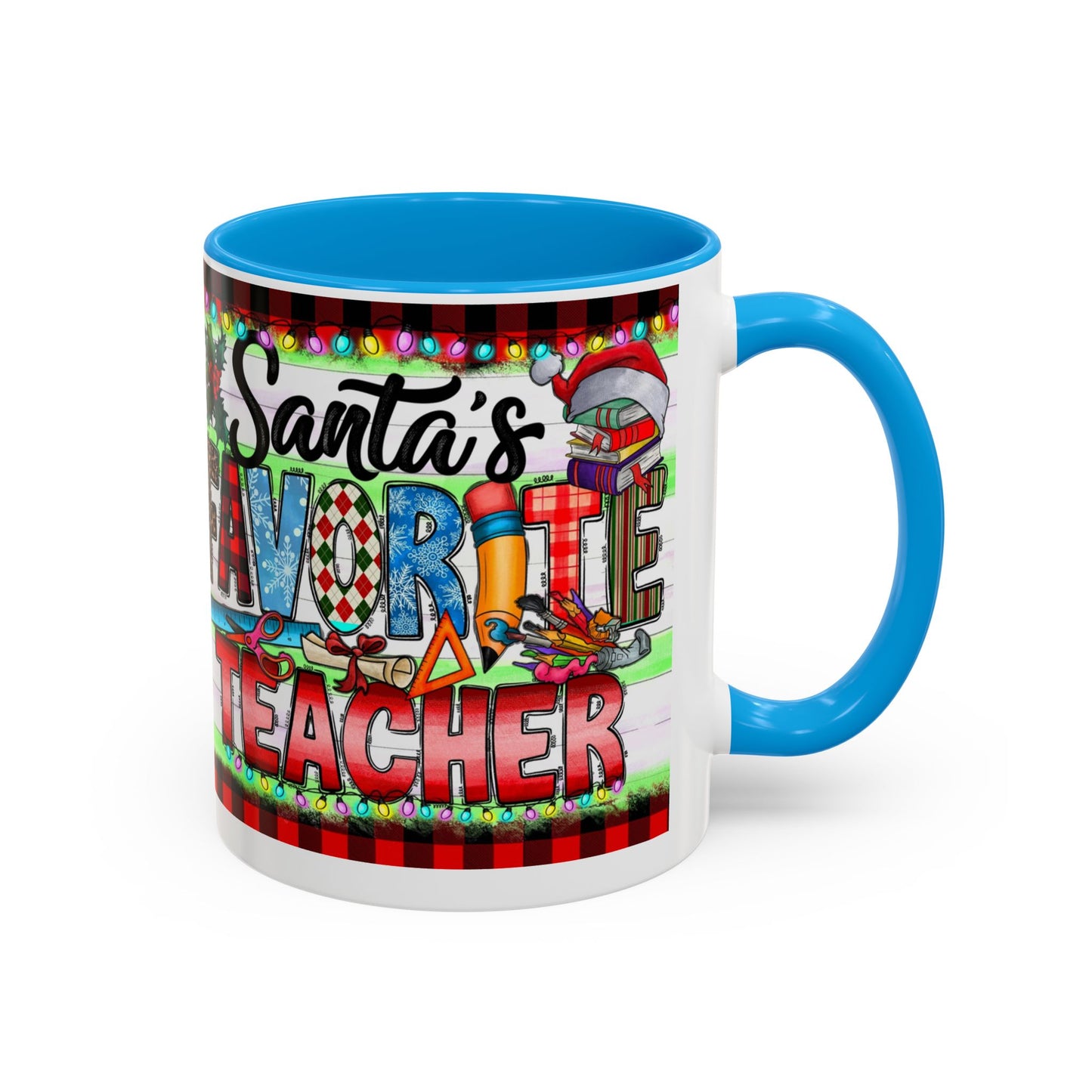 Santa's favorite teacher mug, perfect holiday gift for educators with festive design and vibrant colors.
