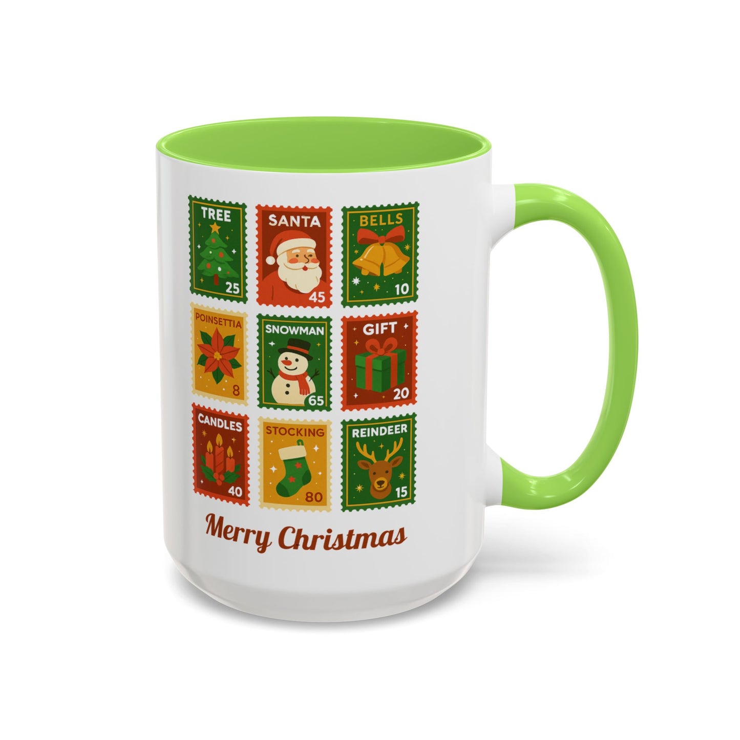 Colorful Holiday Stamp Mug, Festive Mug, Hot Cocoa Mug, Gift for Her, Secret Santa Gift, Stamp Collector, Christmas Mug