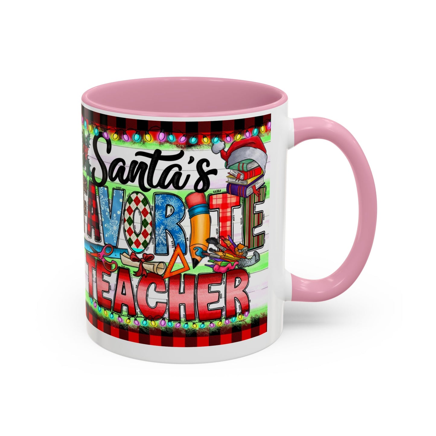 Santa's favorite teacher mug, perfect holiday gift for educators with festive design and vibrant colors.