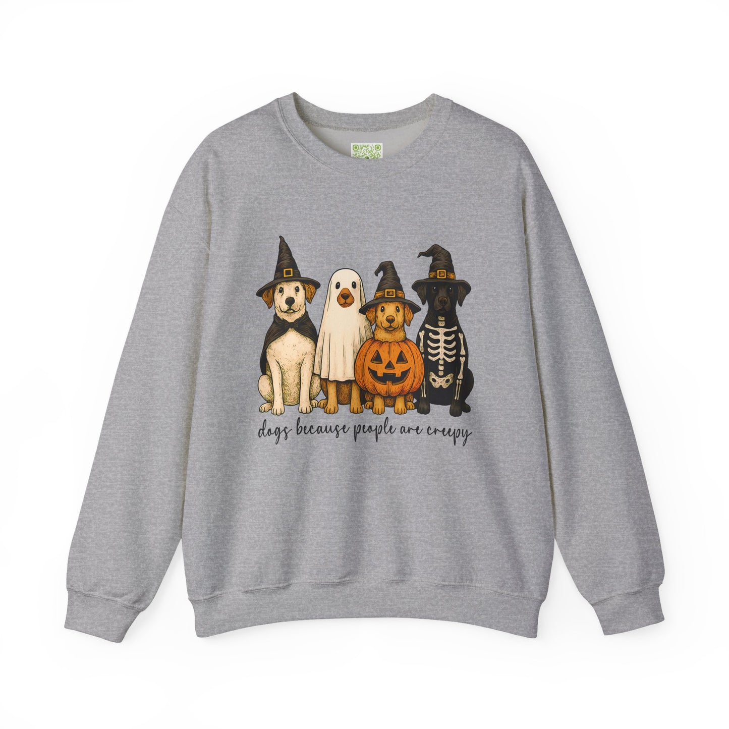 sweatshirt featuring cute dogs in Halloween costumes with text 'dogs because people are creepy'.
