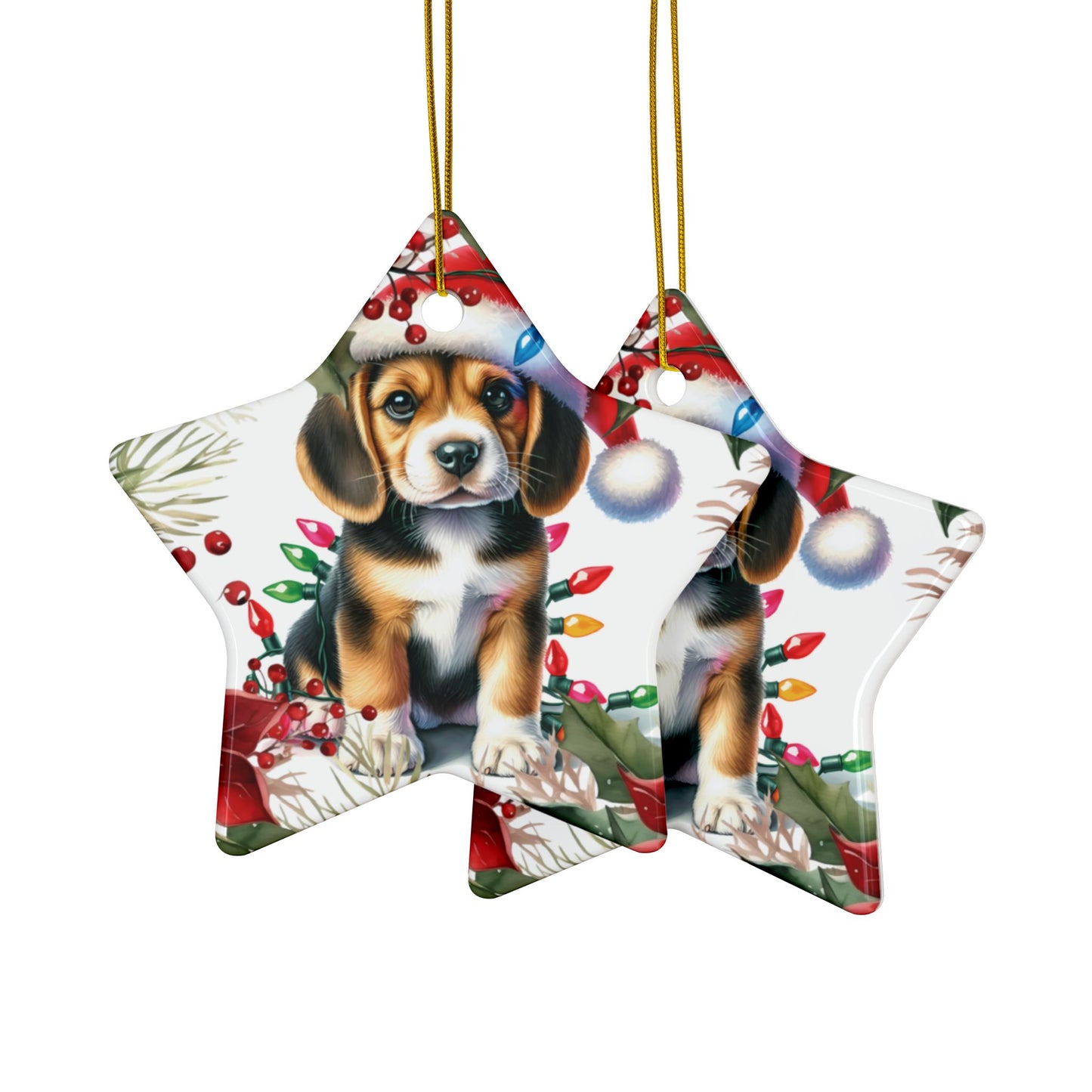 Beagle puppy holiday ornament in star shape wearing a Santa hat, adorned with festive decorations.