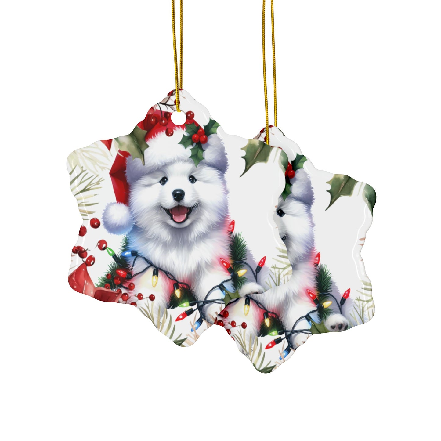 American Eskimo puppy ornaments with Santa hat and holiday decorations, perfect for Christmas tree decor.