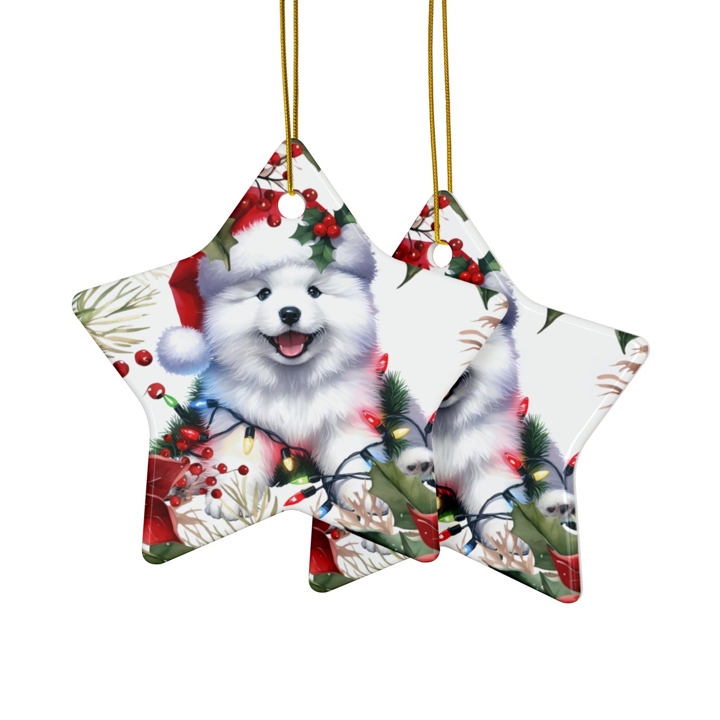 American Eskimo puppy holiday ornaments in star shape with Christmas decorations and lights.