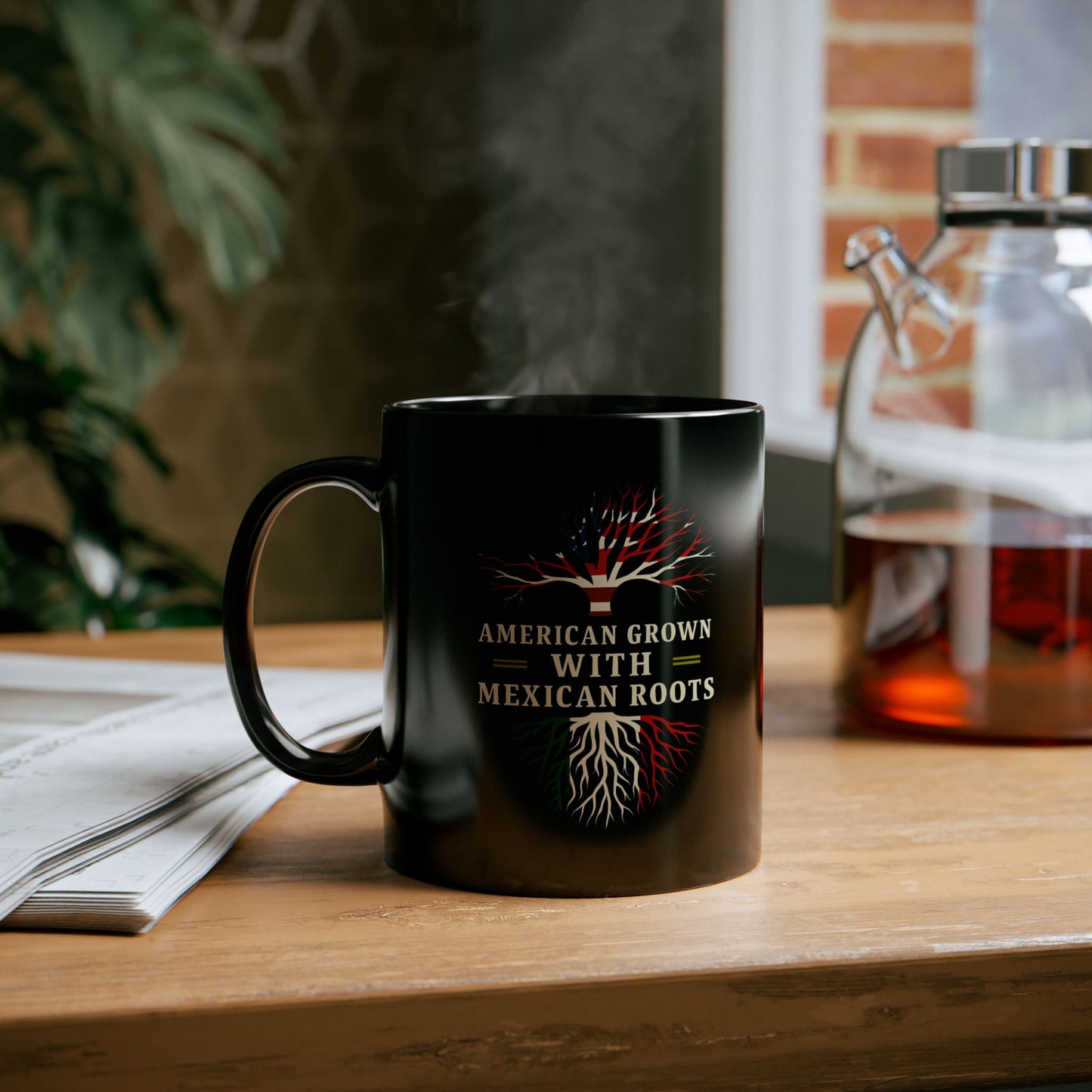 American Grown Mexican Roots Black Mug, Celebrate Heritage Mug, Mexico Culture Gift, Viva Mexico, Latin Art Mug