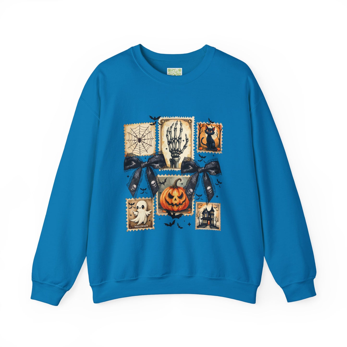 Halloween themed blue sweatshirt featuring spooky graphics including a pumpkin, skeleton, and ghost.