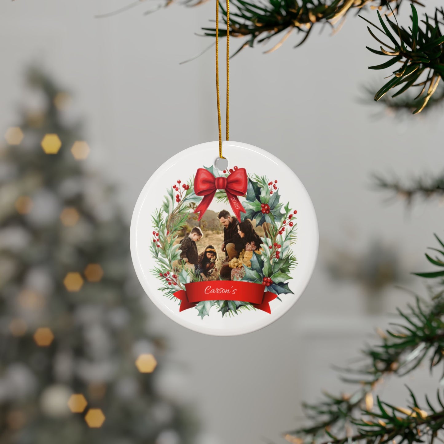 Personalized Family Photo Christmas Ornament 2025 Holiday Wreath Keepsake Custom Name Decoration with Red Bow