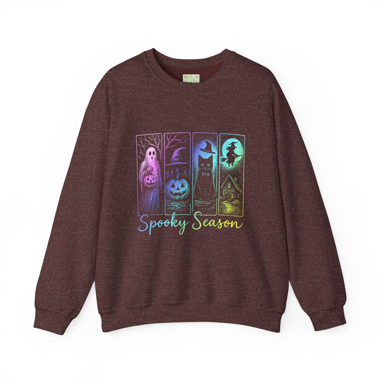 Spooky Season sweatshirt featuring ghost, pumpkin, cat, witch design; perfect cozy Halloween apparel for unisex.