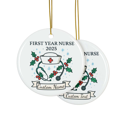 Personalized ornament for first year nurses featuring a nurse's cap, custom name, and festive design.