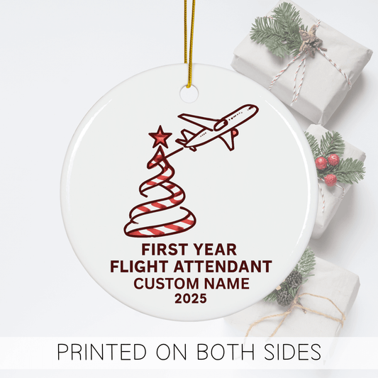 Custom flight attendant holiday ornament for first year celebrating aviation journey, includes personalized name.