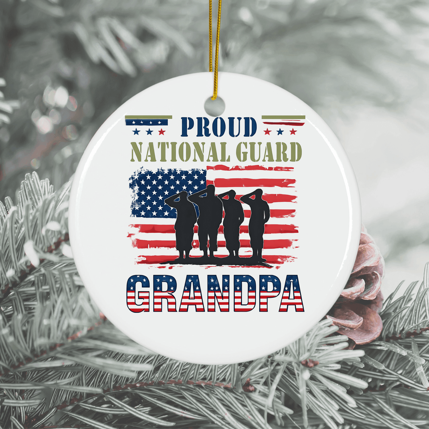 Proud Grandpa 2025 holiday ornament featuring National Guard theme, perfect keepsake for grandfathers.