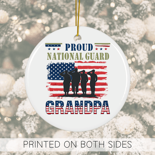 Proud Grandpa 2025 holiday ornament featuring National Guard theme, perfect keepsake for grandfathers.
