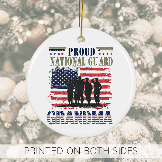 Proud Guard Grandma ornament featuring soldiers and an American flag design, perfect for military families.