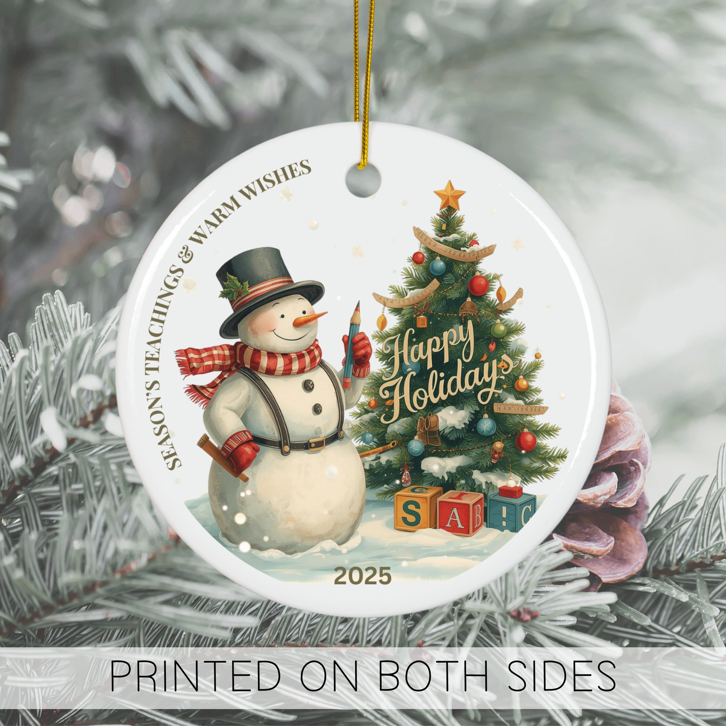 Custom snowman teacher ornament with Christmas tree, 'Happy Holidays' text, 2025 design, festive gift for educators.
