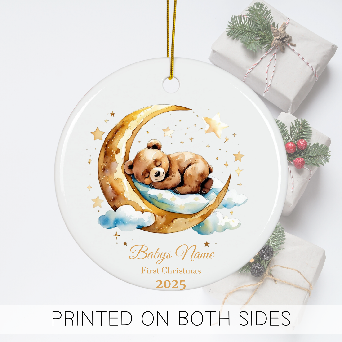 Custom Baby’s First Christmas Ornament 2025 – Personalized Sleeping Bear on Moon Keepsake – Baby Name Ornament, New Parent Gift