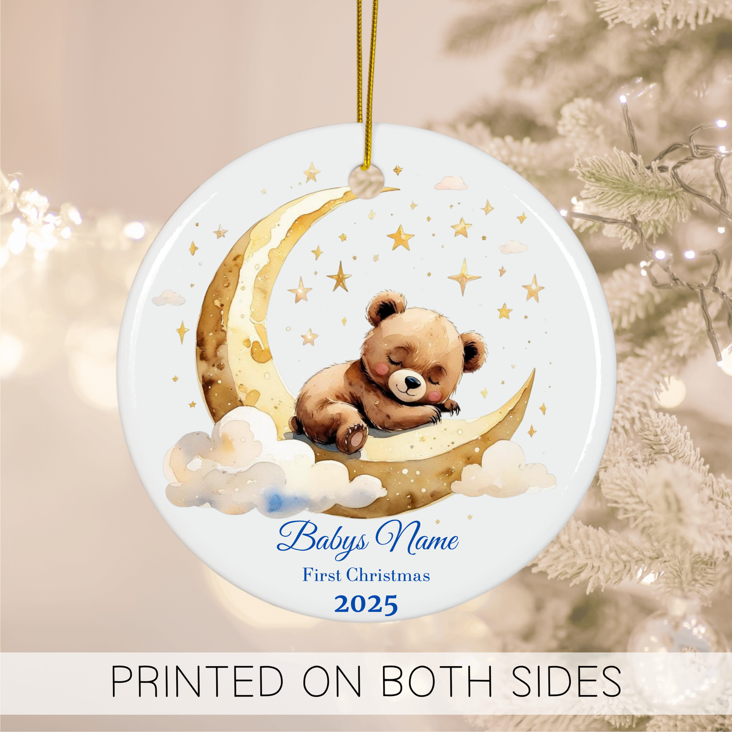 Custom Baby’s First Christmas Ornament 2025 – Personalized Sleeping Bear on Moon Keepsake – Baby Name Ornament, New Parent Gift